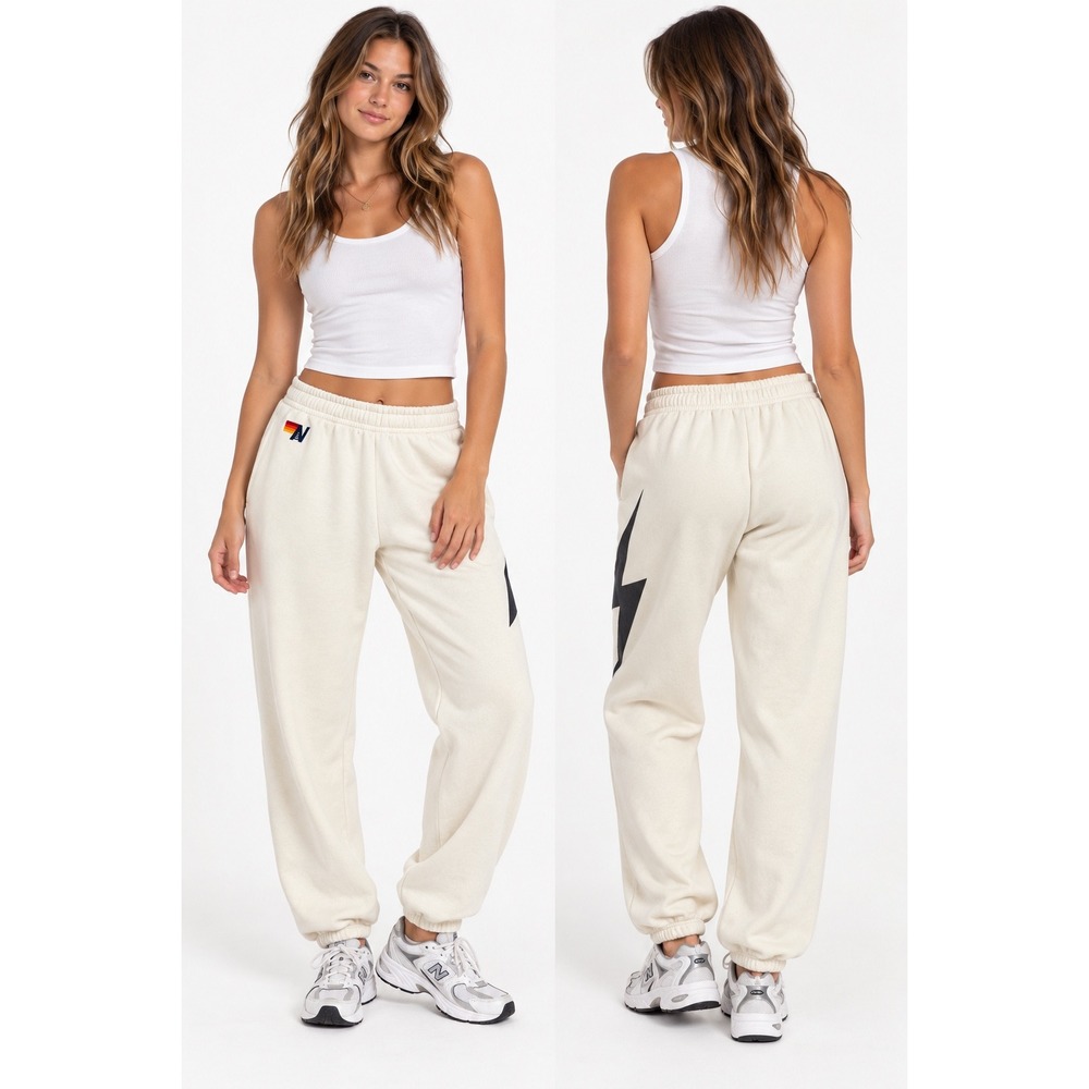 Aviator Nation Bolt Sweatpants S Cream Off-White Graphic Logo Loungewear USA